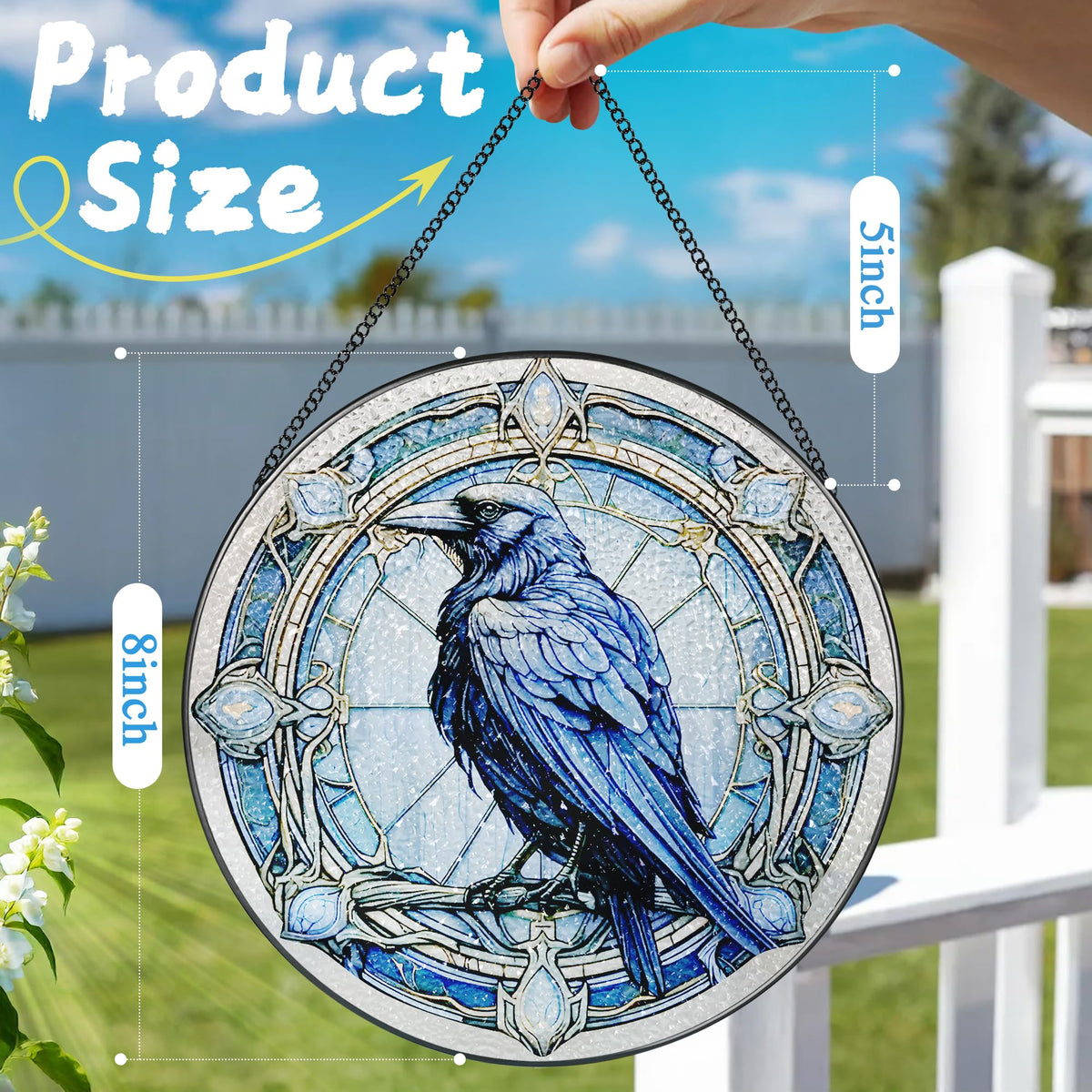 8 Inch Stained Glass Suncatcher Ornament, DOUHASU Crow Sun Catchers Indoor Window, Stained Glass Window Hanging, Home Decor, Bird Lovers Gifts for Women, Men