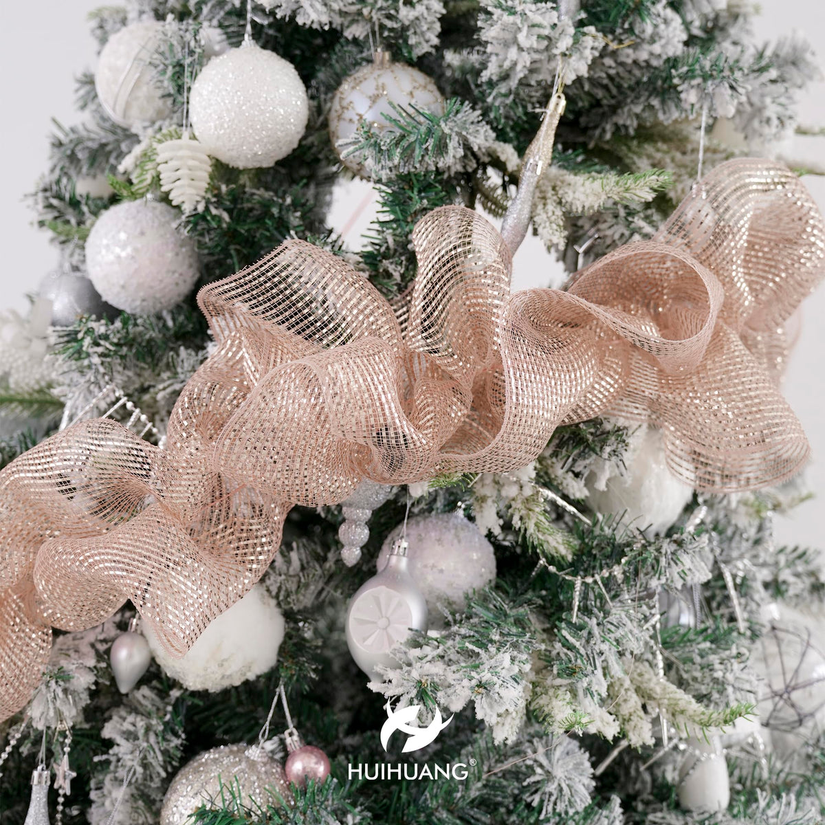 HUIHUANG Rose Gold Mesh Ribbon for Christmas Tree 10 inch Wide Easy Pull Deco Mesh Rose Gold Decorative Mesh Ribbon for Christmas, Garlands, Wreath Supplies, Floral Arrangements, Large Bows-10 Yards