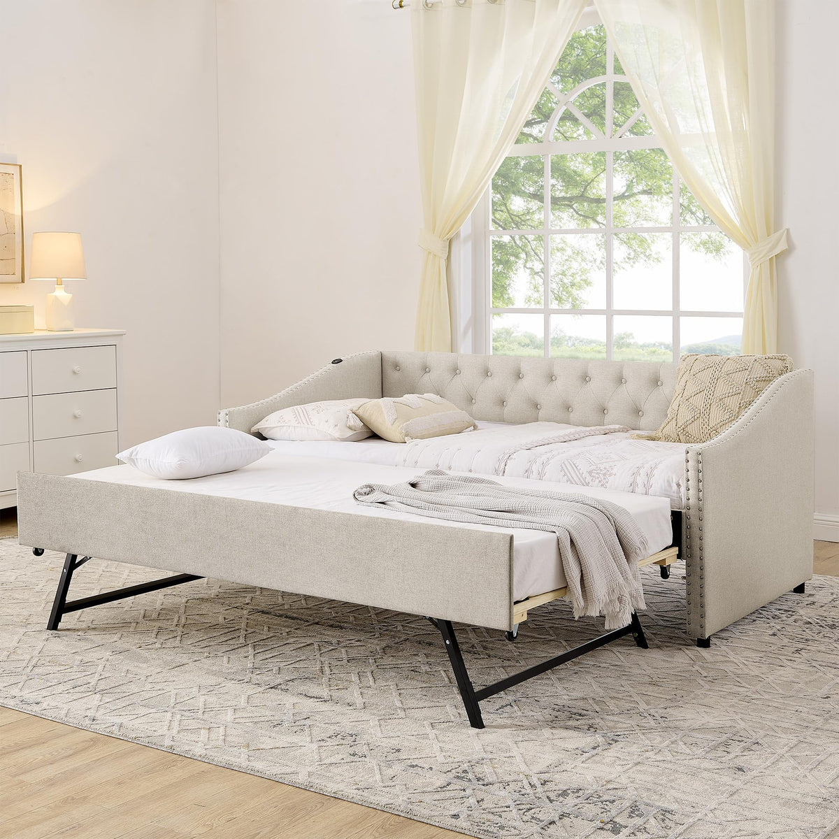 Ball & Cast Twin Size Upholstered Daybed with Pop Up Trundle & USB Port,Twin to King Daybed Frame with Button Tufted Backrest & Nailhead Trim Design, Extendable Trundle Bed,No Box Spring Neeed,Beige