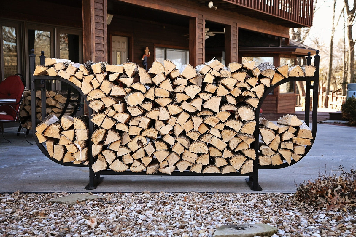 Woodhaven 9ft Courtyard Firewood Rack - Luxury Outdoor Log Holder With Cover - Made In USA - Black UV Stable Powder Coat Finish