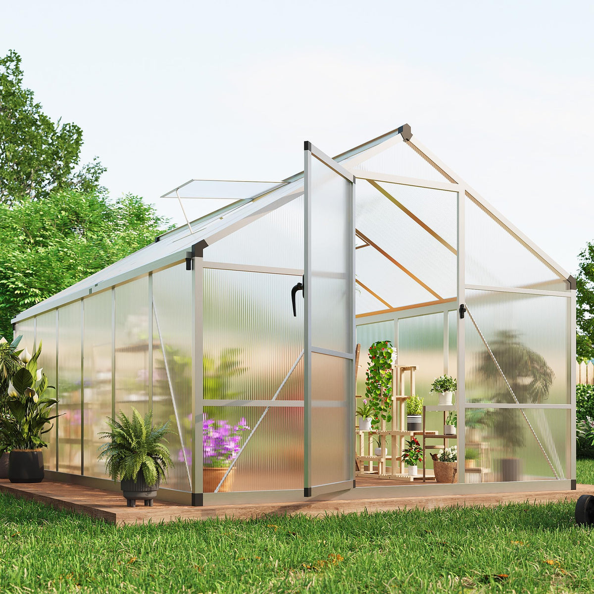 IDEALHOUSE 8×12 FT Greenhouse, Large Walk in Greenhouses for Outdoors and Garden Planting, Polycarbonate Greenhouse with Enhanced Aluminum Frame, Green Houses with Quick Setup Structure and Roof Vent