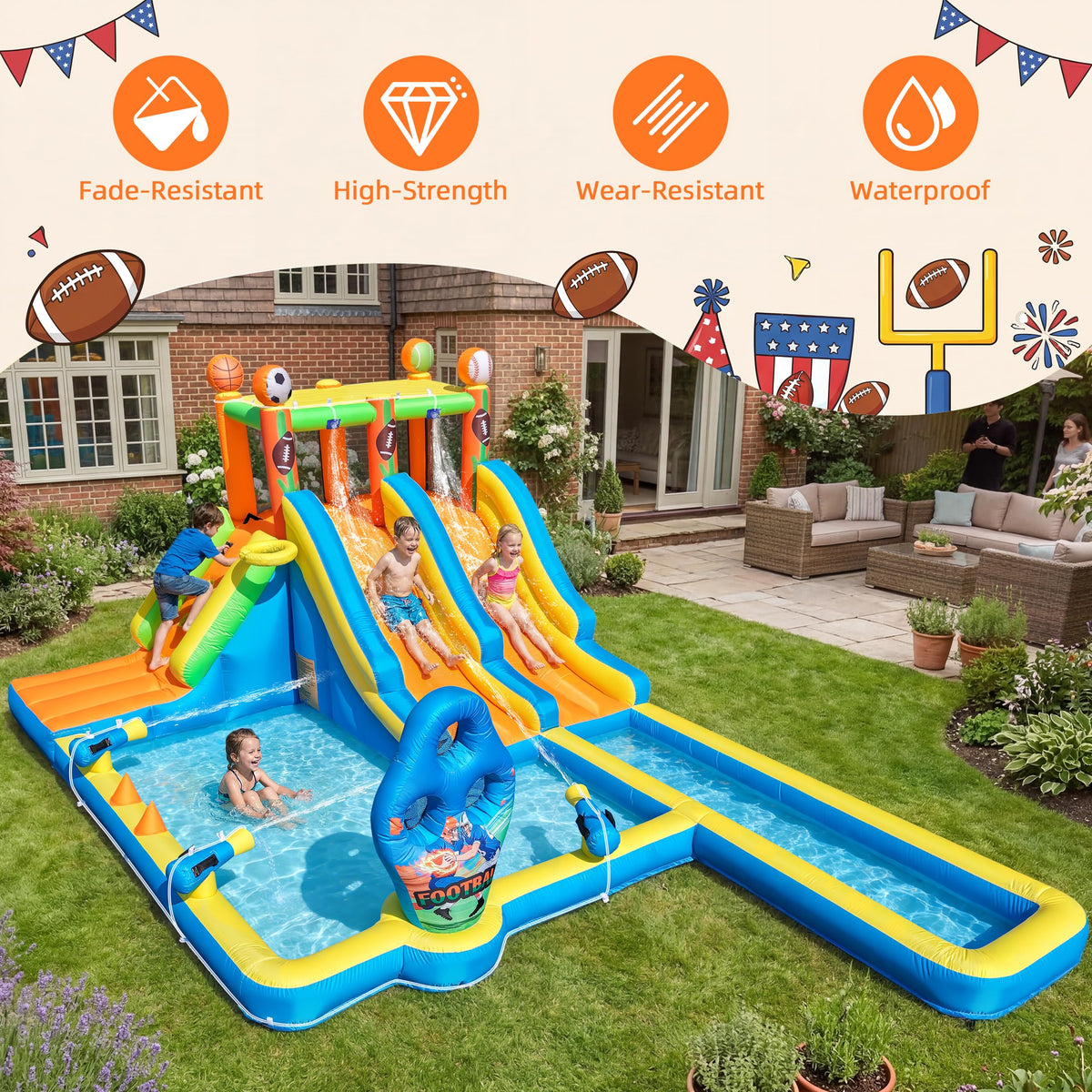 TOAOB Inflatable Water Slide for Kids 3-12: Blow Up Backyard Water Park with 2 Slides - 9 in 1 Football-Themed with 550W Blower for Outdoor Birthday Party