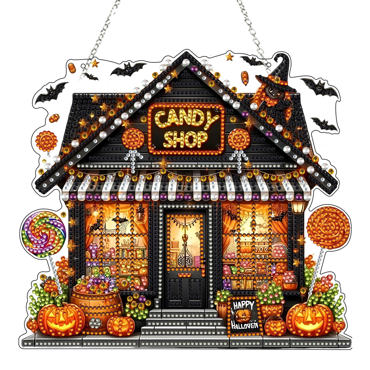 JJFox Diamond Art Hanging Kit for Adult,Special Shaped Rhinestone,DIY Acrylic Diamond Art Painting Window Pendants Home Garden Wall Hanging Kits Hanging Ornament (Candy House)
