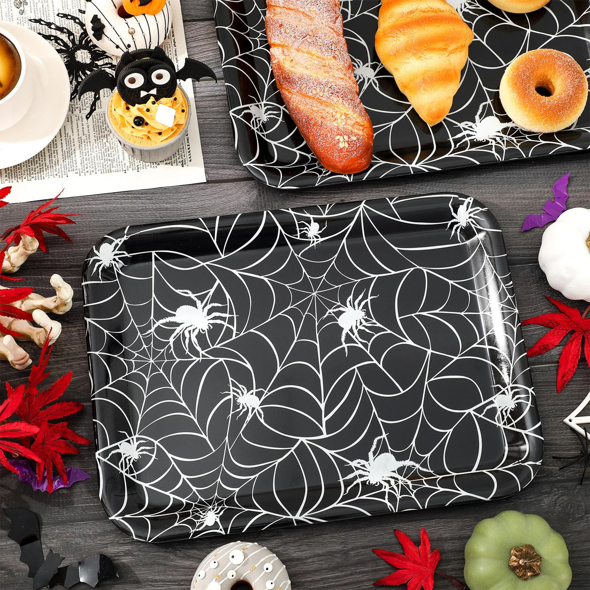 Whaline 3 Pcs Halloween Serving Trays Black White Spider Webs Reusable Melamine Trays Platters for Movie Night Birthday Holiday Party Food Supplies, 10 x 13 Inch