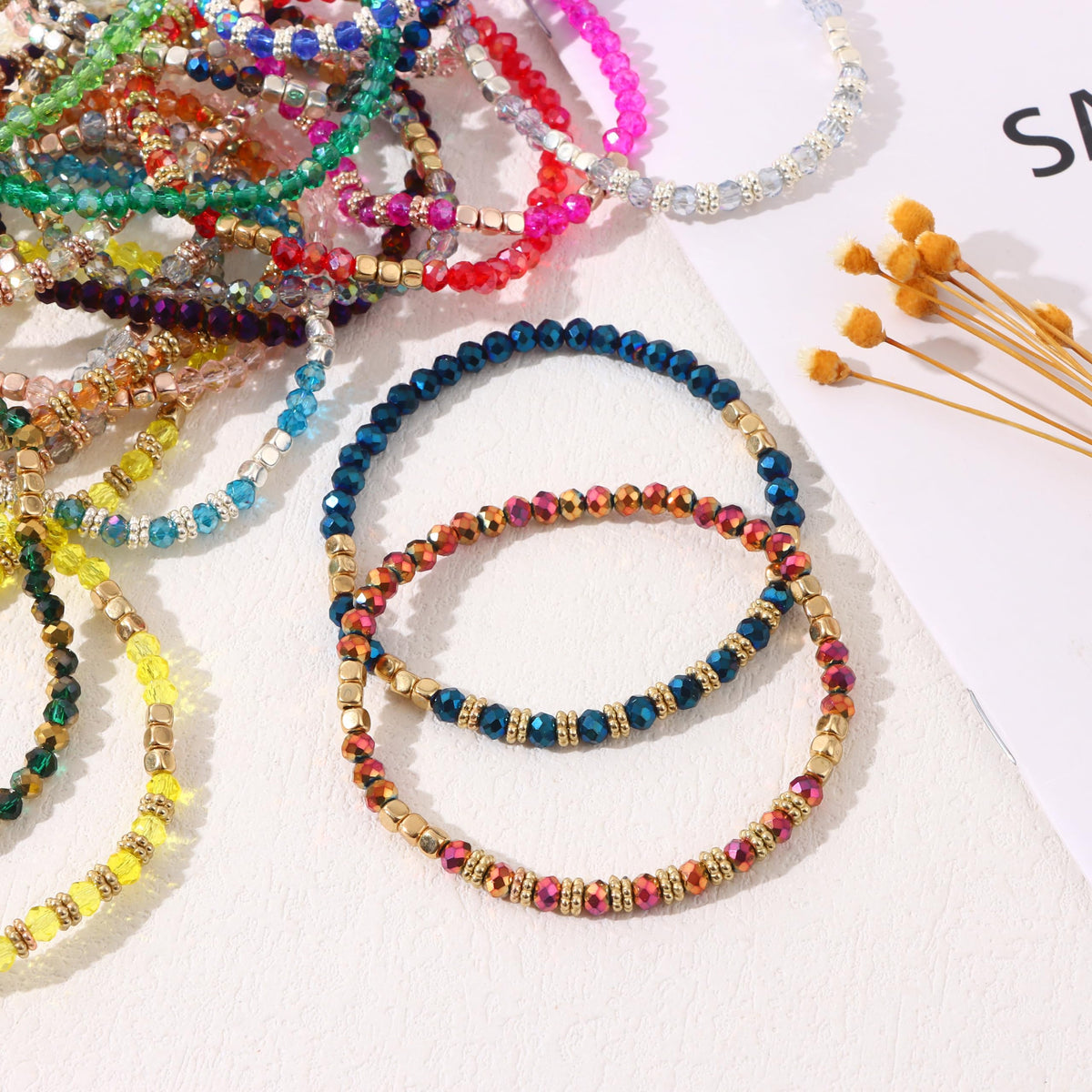 MOZAKA 26Pcs Boho Beaded Bracelets for Women Colorful Stackable Sparkly Crystal Beads Bracelets Multi-Layer Versatile Statement Bracelets Stretch Cuff Jewelry Gifts