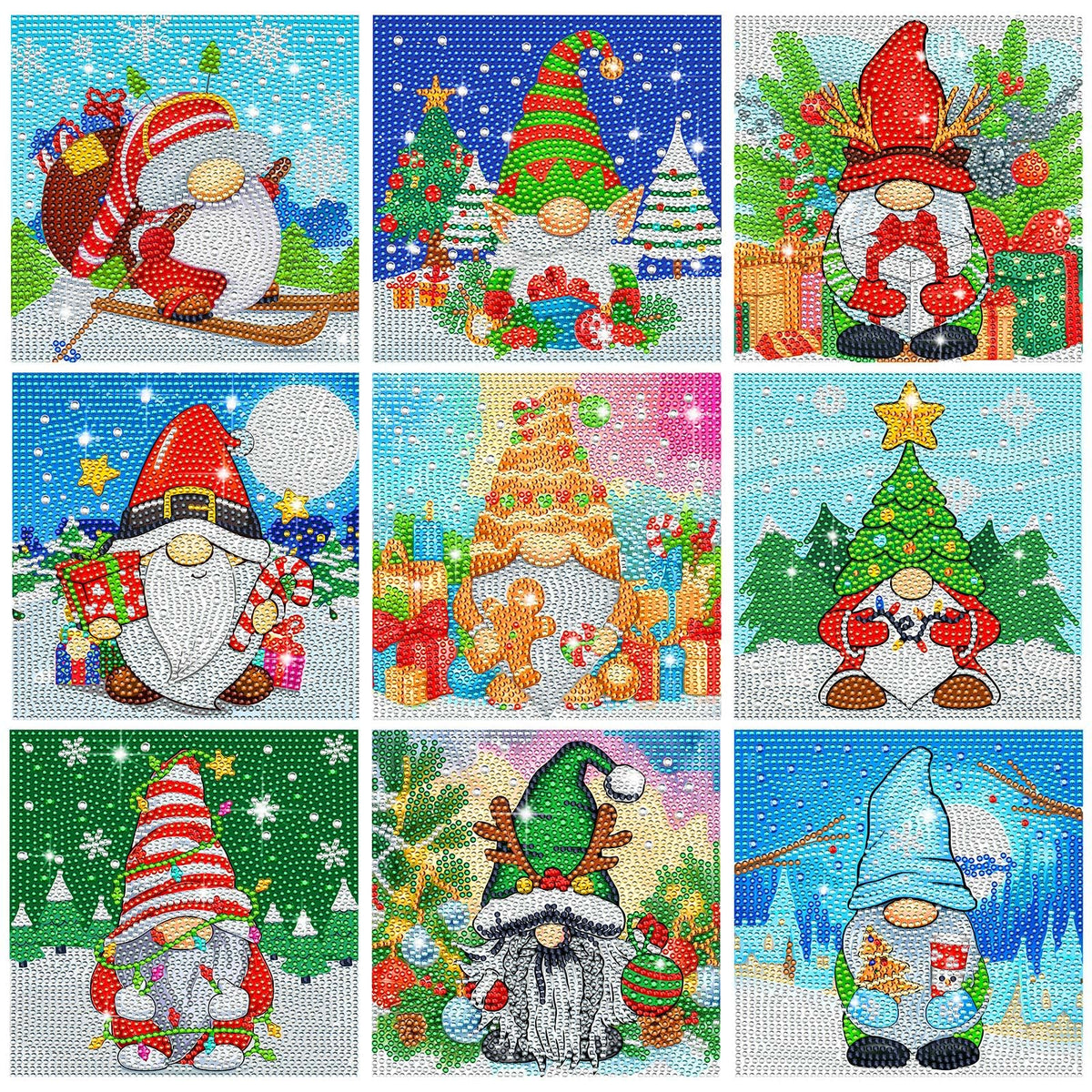 TecUnite 9 Pcs Christmas Diamond Painting Art Gnome Diamond Painting Kit for Beginners DIY Rhinestone Gem Crafts for Home Wall Decor 6 x 6 Inch (Classical)
