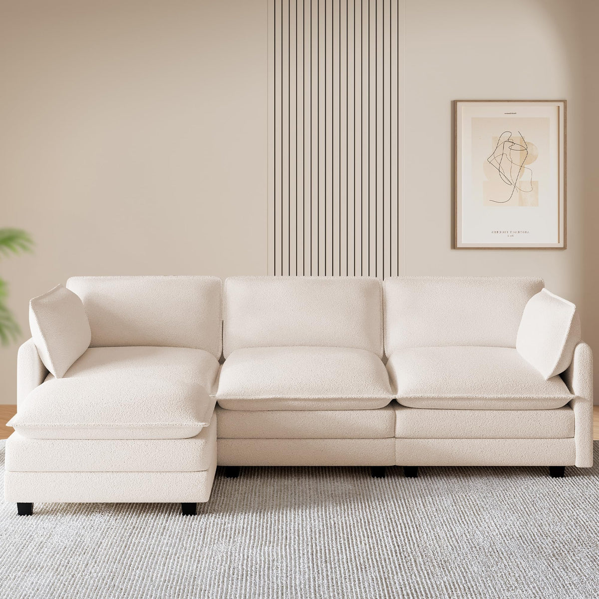 ROWHY 112'' Modular Sectional Cloud Couch with Movable Ottoman, 4 Seat Modern Chenille Sofa with 2 Throw Pillows, Deep Seat L Shaped Couch for Living Room Bedroom Apartment, Beige