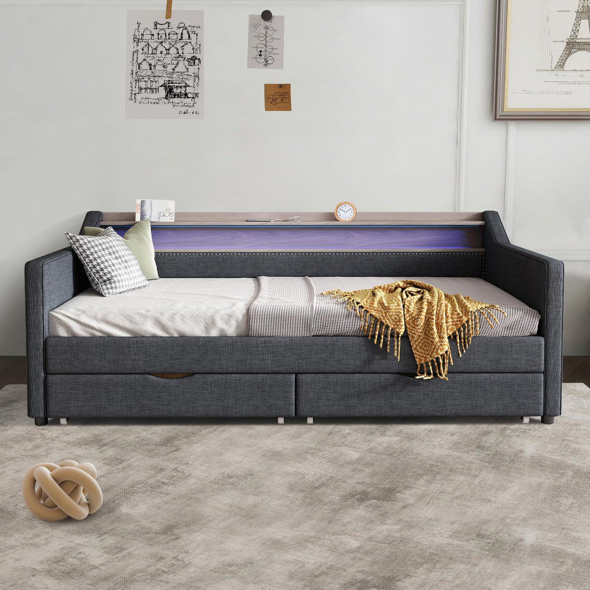 Ball & Cast Twin Size Daybed with Storage,Linen Upholstered Day Bed with 2 Drawers, Daybed Frame with USB Port and Smart LED Light,Wood Slat Support,No Box Spring Needed,Dark Grey