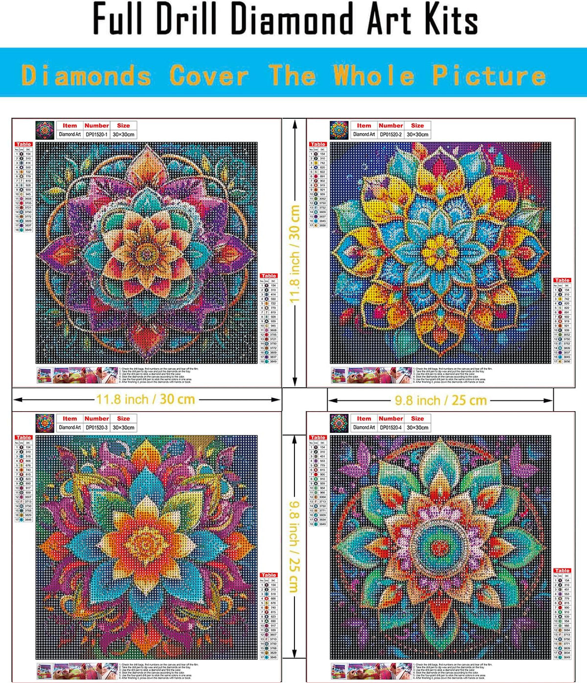 EIBEILI 4 Pack Diamond Art Kits for Adults - Mandala 5D Diamond Painting Kits for Beginner,DIY Gem Art Full Drill Diamond Dots Crystal Craft Kits for Gift Home Wall Decor 12x12inch