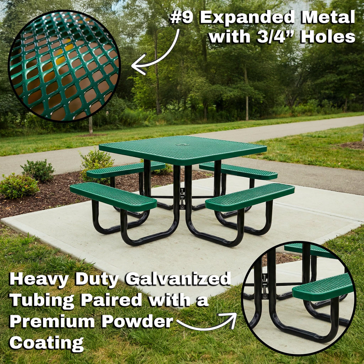 46” Square Heavy-Duty Expanded Metal Green Picnic Table