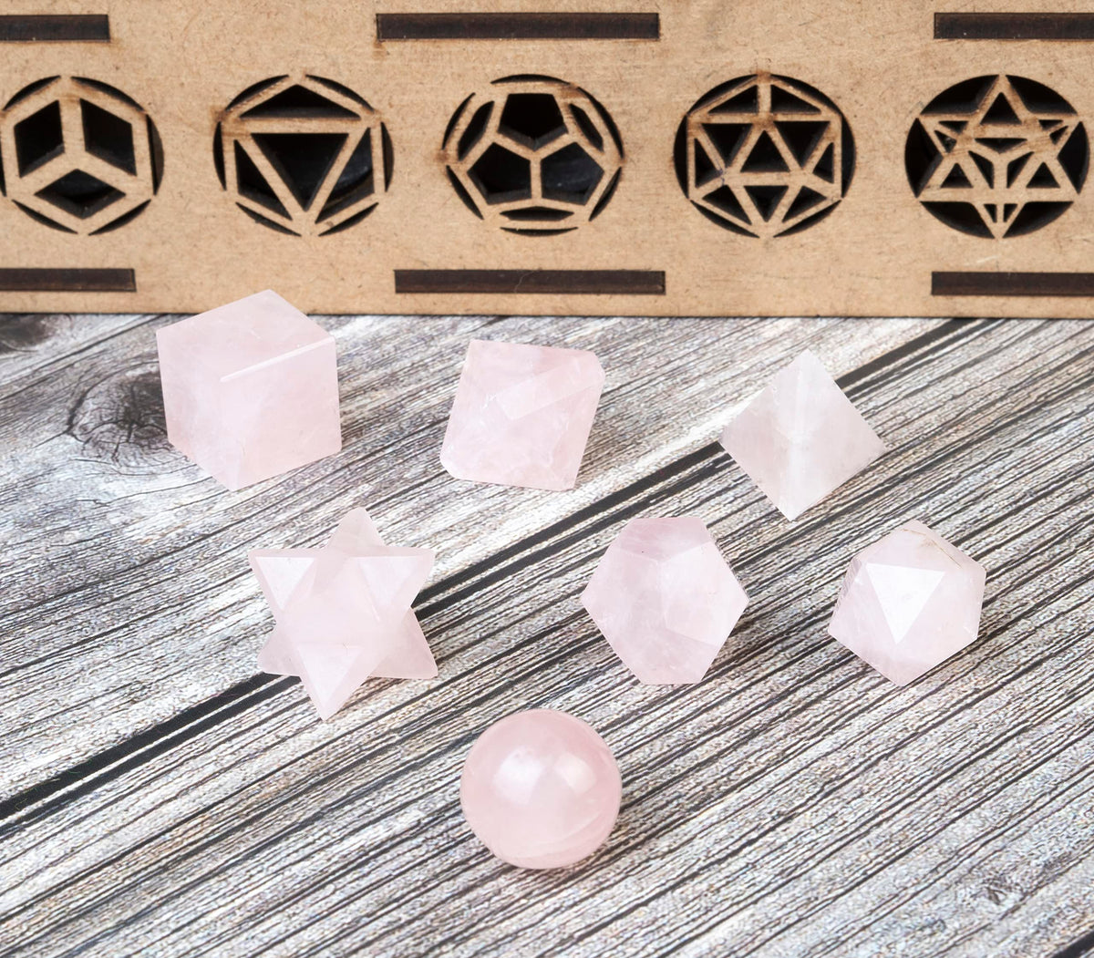 Crocon Rose Quartz 7Pcs Platonic Solids Crystal Geometry Set, Platonic Solids Sacred Geometric Stones for Meditation Reiki Balancing Healing Chakra Stone Cleansing Spiritual Good Luck (15-20mm)