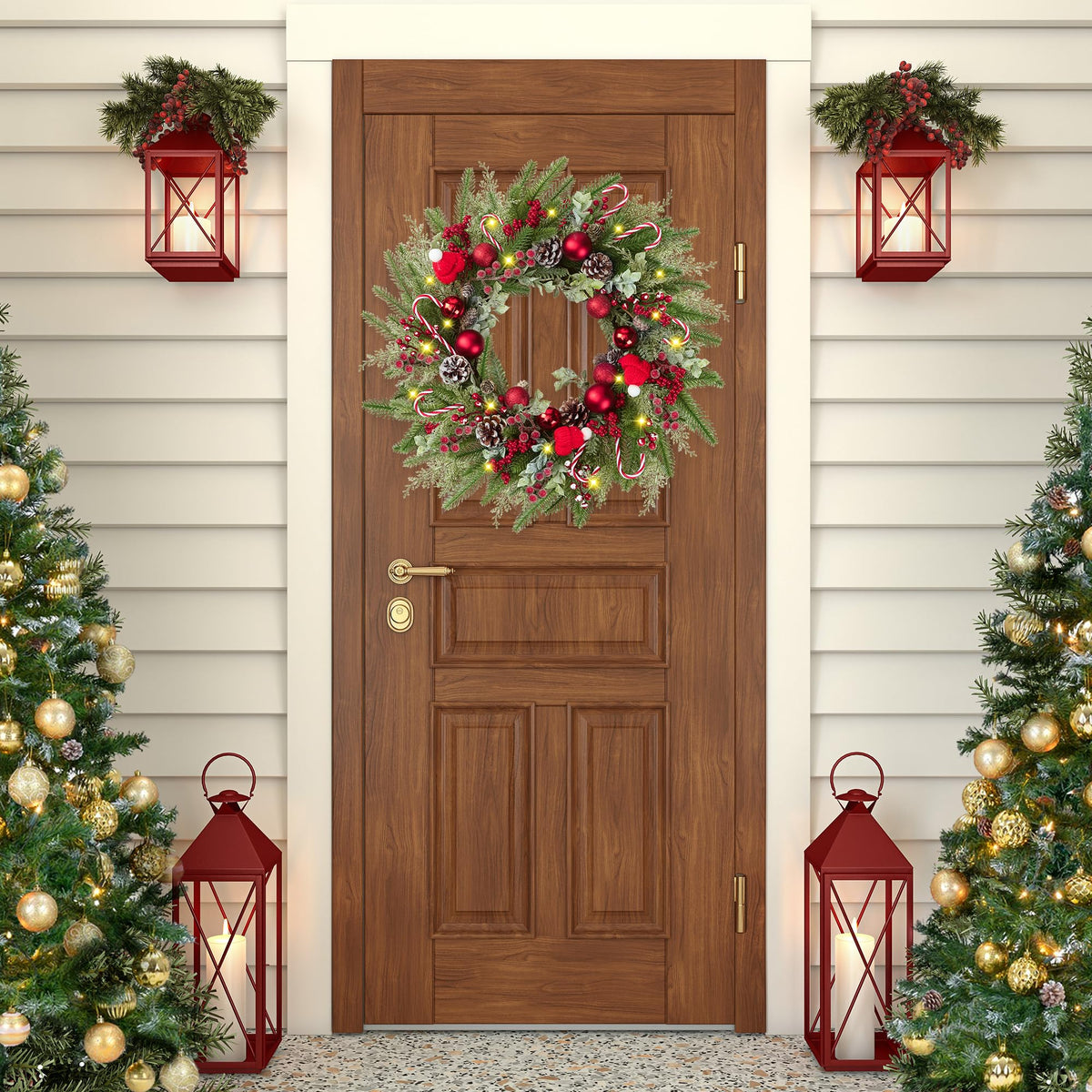 22’’ Artificial Christmas Wreath for Front Door with Red Balls Candy Canes Pine Needles Red Berries Pine Cones Christmas Decorations for Winter Wall Outdoor Home Holiday Xmas Decor