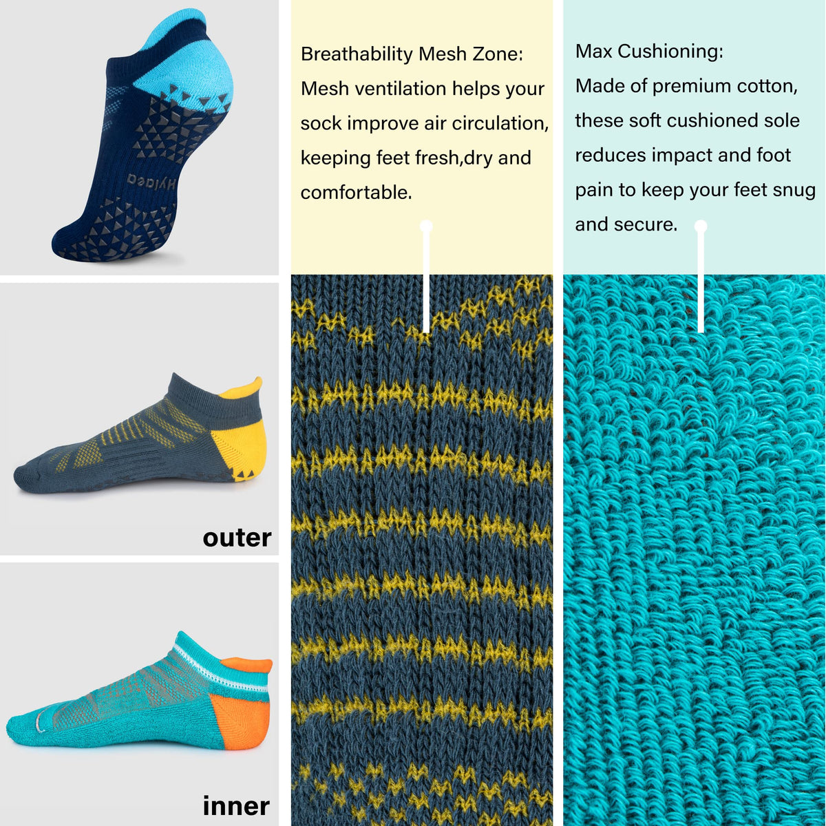 Hylaea Womens & Mens Non Slip Gripper Socks with Cushion for Yoga Pilates Barre Home Hospital Socks Dark Blue Green Small Medium