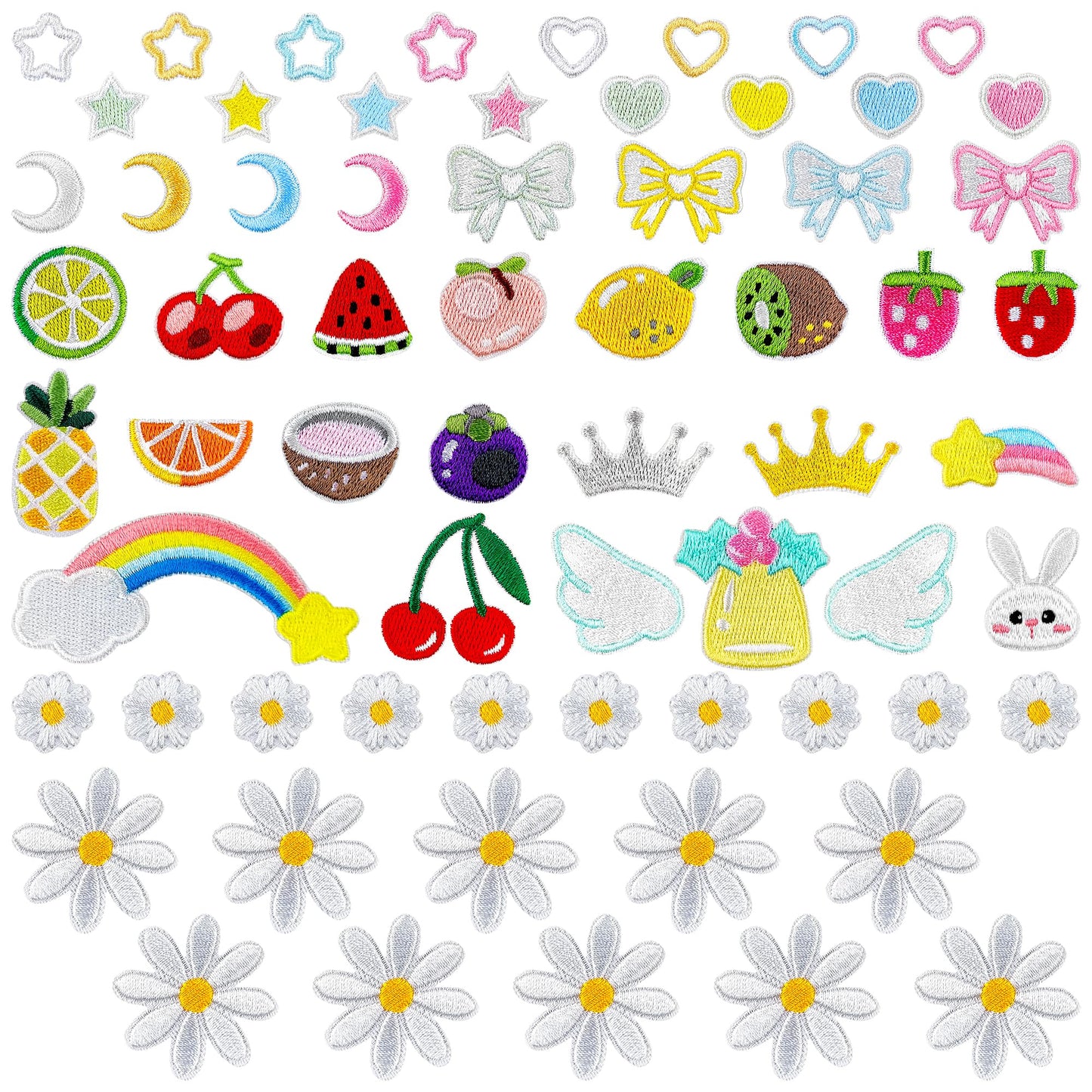 Mini Iron On Patches for Clothes 65Pcs Cute Self Adhesive Embroidered Patches Set with Daisy, Fruits-Kids DIY Trucker Hat Patches for Jackets, Bags, Leis