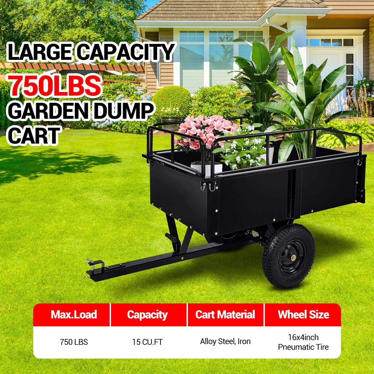 Heavy Duty Utility Dump Cart – 9000 Lbs Capacity, 15 Cu.ft Steel Trailer with Removable Sides, All-Terrain Wheels, Compatible with ATV/UTV/Lawn Tractor, Ideal for Garden, Yard, Hauling