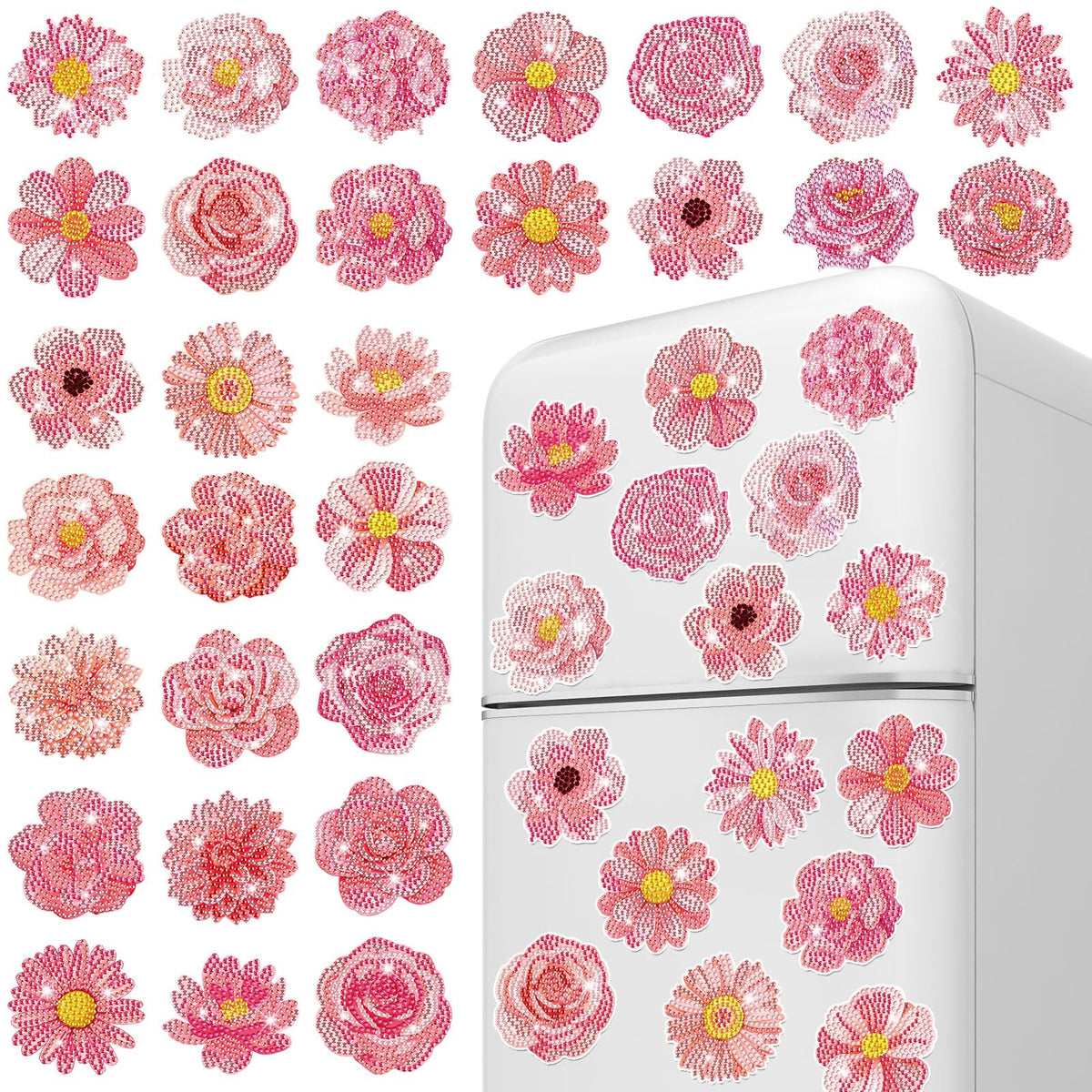 Copkim 30 Pcs Diamond Art Magnets Refrigerator Easy Art Kits Fridge Diamond Painting Magnets Stickers for Adults DIY Home Decors Flower Butterfly(Pink Flower)