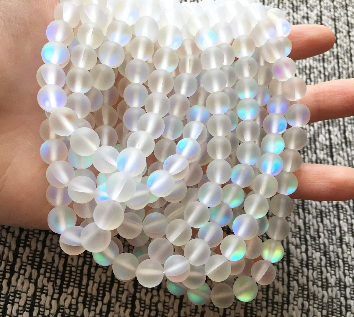 Asingeloo 38PCS 10mm Natural Mystic Aura Quartz Gemstone Frosted Matte Titanium White Rainbow Round Loose Beads 15 inch Full Strand