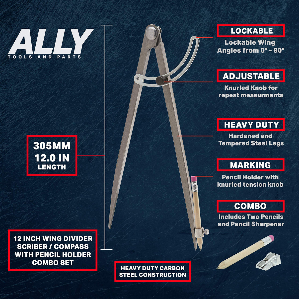 ALLY Tools 12 Inch Precision Locking Wing Divider/Woodworking Compass with Pencil Holder INCLUDES Two Pencils and Pencil Sharpener Ideal for Drawing, Drafting, Carpentry