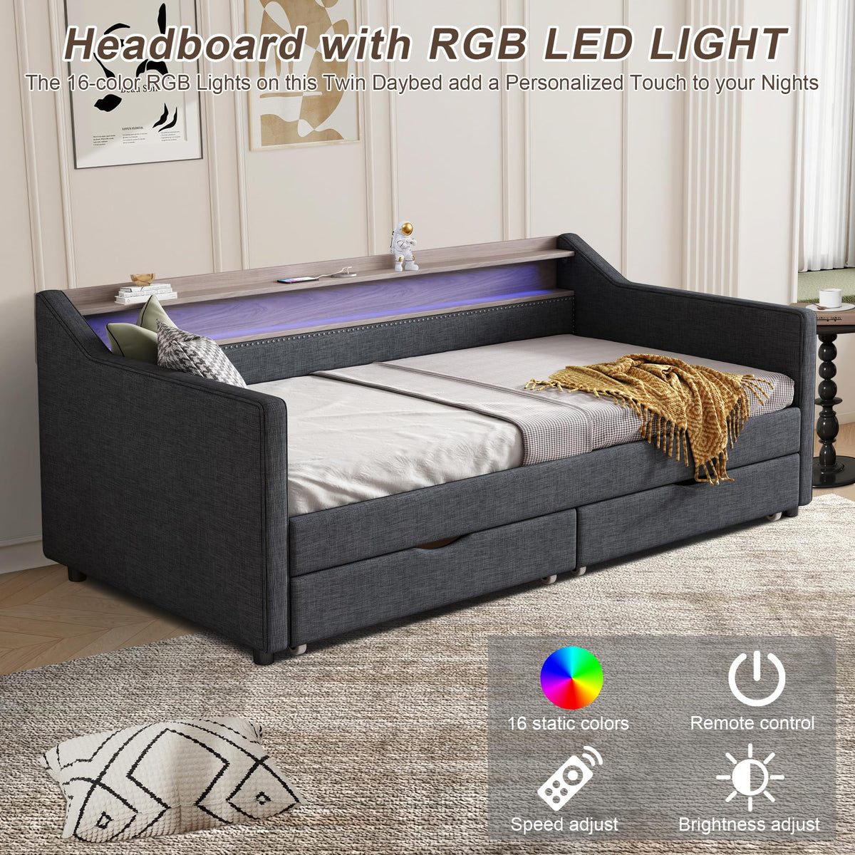 Ball & Cast Twin Size Daybed with Storage,Linen Upholstered Day Bed with 2 Drawers, Daybed Frame with USB Port and Smart LED Light,Wood Slat Support,No Box Spring Needed,Dark Grey