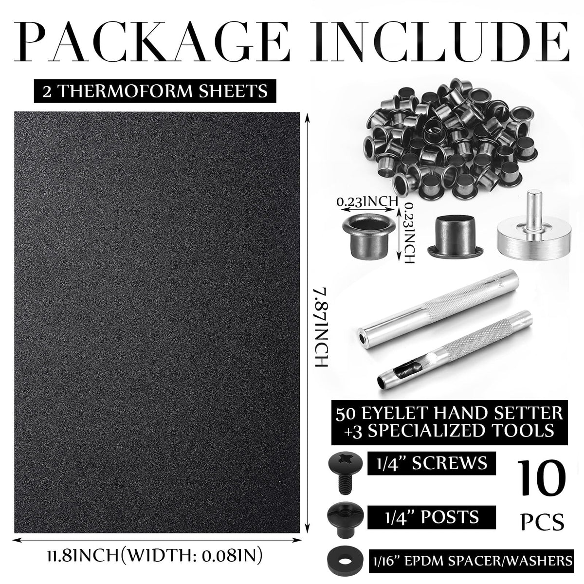 RoundFunny 87 Pcs DIY Holster Kit Include Thermoform Molding Foams Sheet Eyelet Hand Setter Cross Recessed Screw Head Open Slotted Fastener Rubber Washer for Making Knife Sheath(Classic,Black)