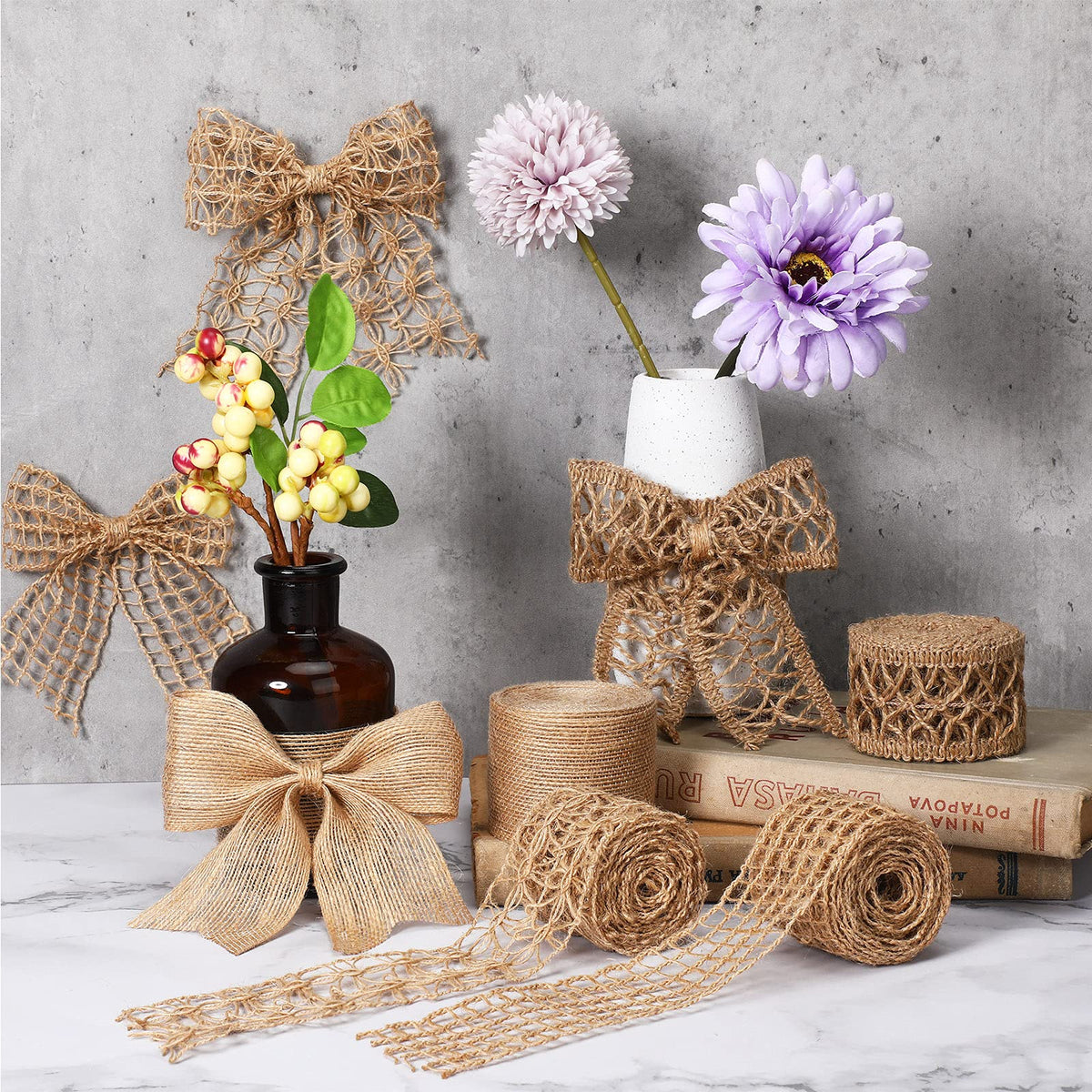 4 Rolls Burlap Ribbon Wired Natural Jute Burlap Lace 1.6-2 Inch x 16.4 Yard Wrapping Ribbon for Crafts, Big Bows, Wedding Gift Wrapping, Rustic Outdoor Decoration, Wreath, Holiday Party DIY Home Decor