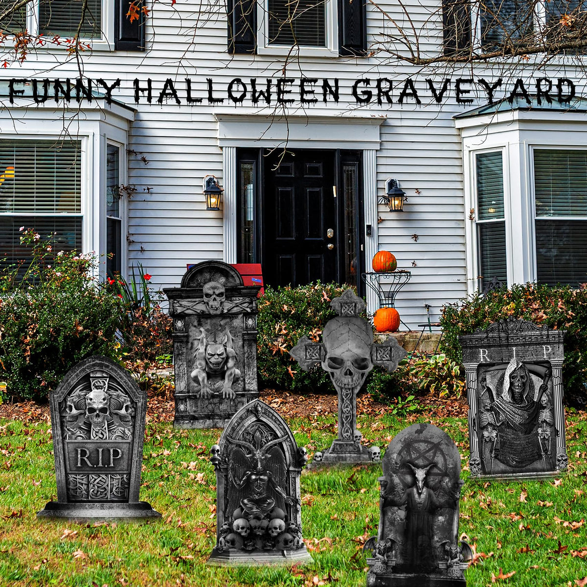 ontigola 16 Inch Halloween Graveyard Tombstones Prop Yard Stakes Signs 6 Styles Outdoor Headstones for Cemetery Halloween RIP Graveyard Tombstones Outdoor Props Yard Decorations with Stakes