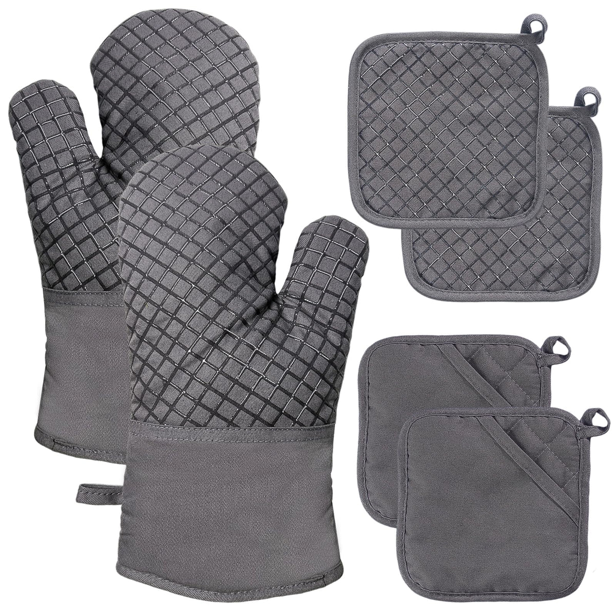 4 Pcs Oven Mitts and Pot Holders,Kitchen Long Oven Glove High Heat Resistant 500 Degree,Extra Thicken Oven Mitts and Potholder with Non-Slip Silicone Surface for Baking,Grilling,Cooking(Grey)