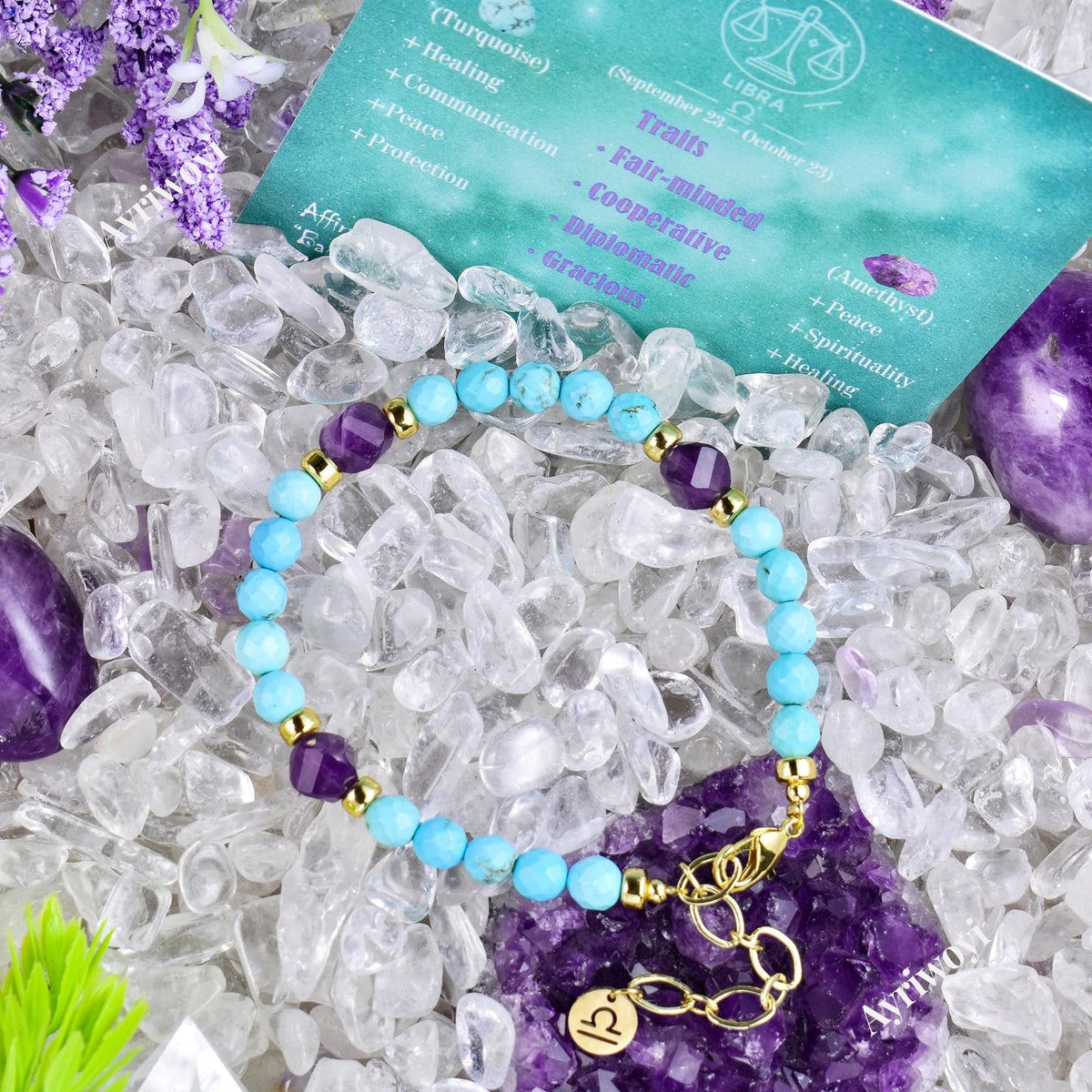 Ayriwoyi Libra Zodiac Bracelet for Women Blue Turquoise Amethyst Crystal Healing Stone Bracelet with Gold Horoscope Spiritual Bracelet Astrology Jewelry Gift for Women