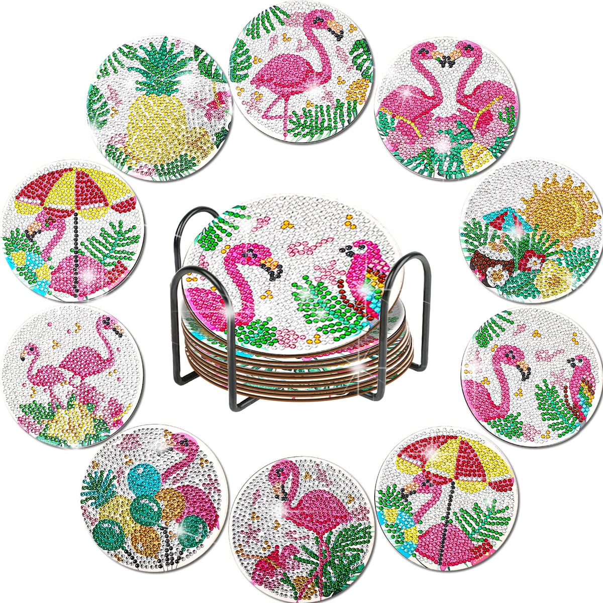 YLOLUL 10 Pc Flamingo Coasters Kit with Holder - Beginner & Kid Friendly Art Craft Gifts