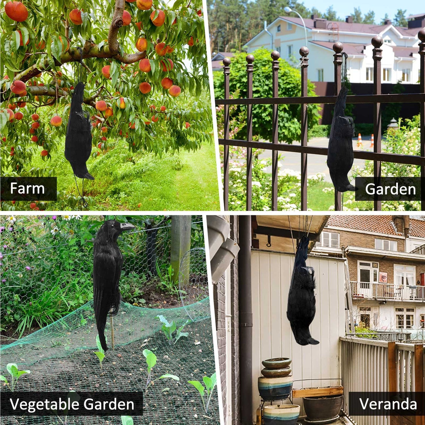 Lewtemi Realistic Hanging Dead Crows Decoy Life Size ,Feathered Fake Crows for Garden Decorations,Black,17 inches ,4 pcs