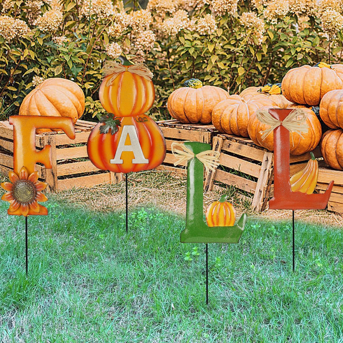 Juegoal 4 Pcs Fall Decorative Garden Stakes, 24 Inch Letter Metal Yard Sign with Pumpkins, Outdoor Art Stake for Thanksgiving Decorations Autumn Harvest Patio Lawn Walkway, Style A