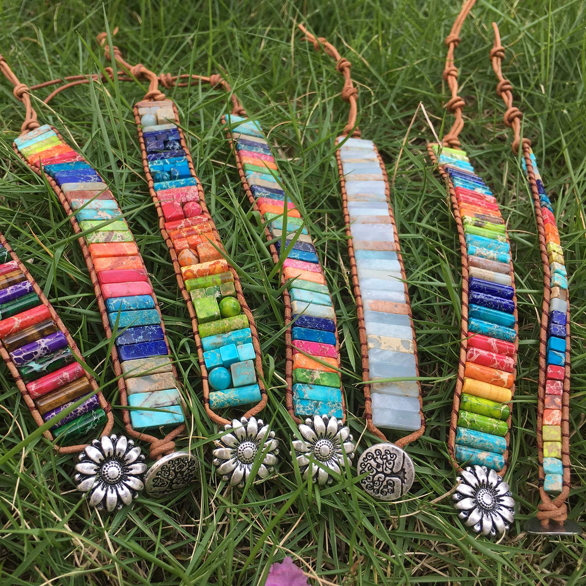 Fashion Gemstone Handmade Jewelry Multicolor Yoga Friendship Boho Leather Rectangle Stone Healing Sunflower Button Wrap Bracelet