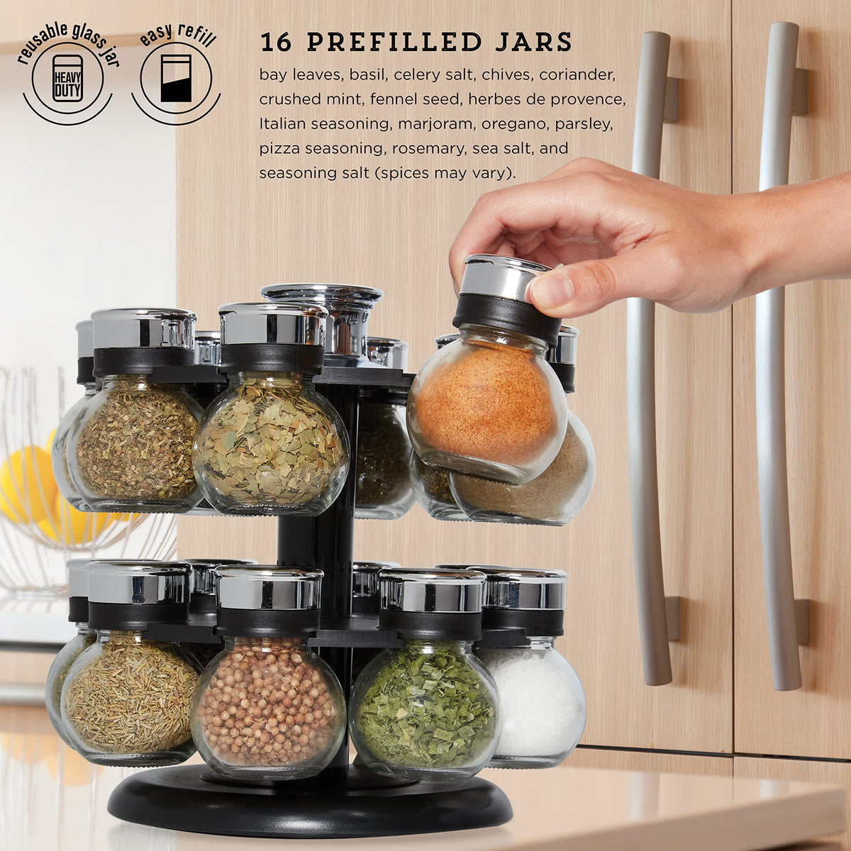 Kamenstein Ellington 16 Jar Revolving Spice Rack with Prefilled Spices - Rotating Chrome and Plastic Countertop Organizer with Sifter Caps and Labeled Lids