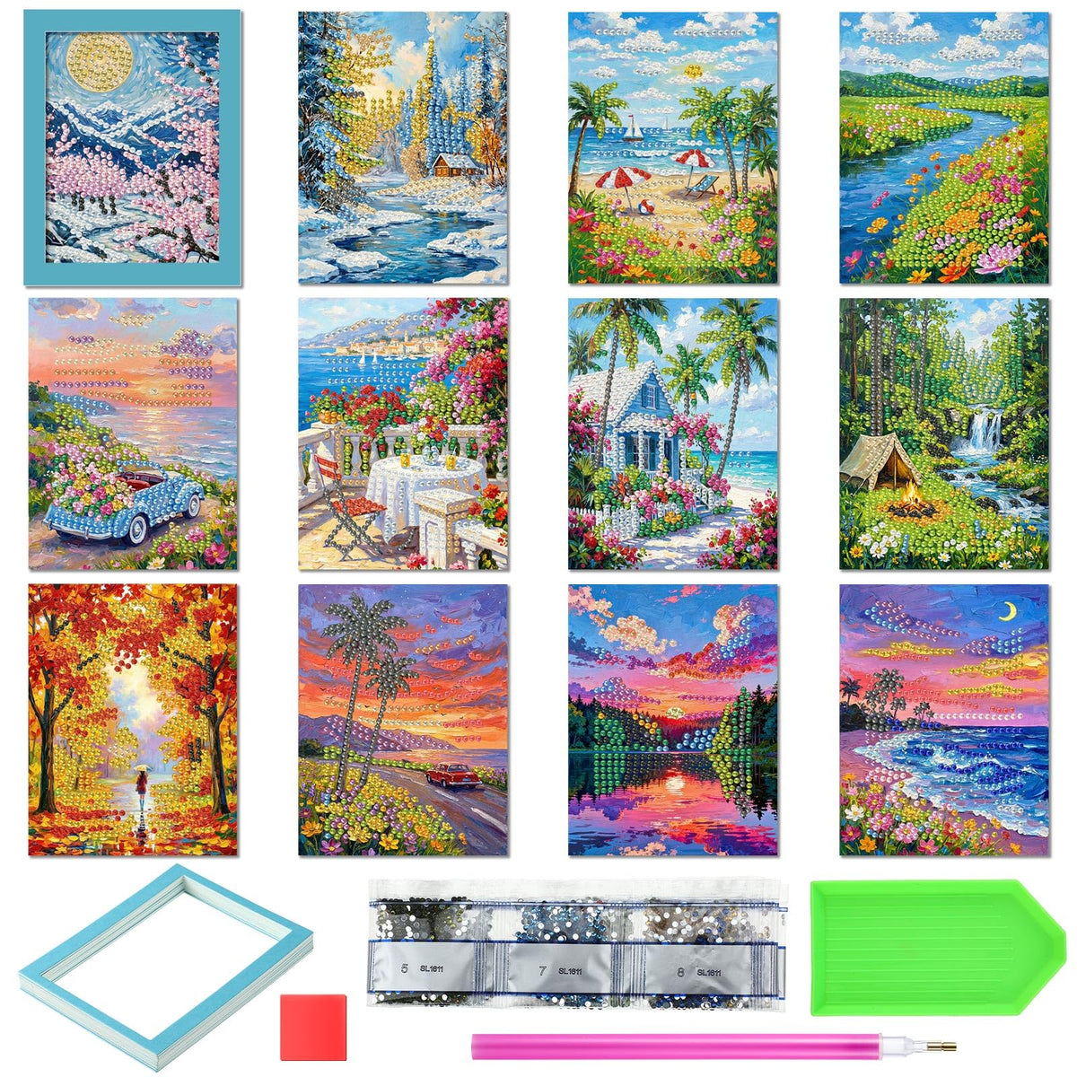 Saillong 24 Pcs Small Diamond Painting Kits Set Mini Diamond Art Set for Beginners, Full Paint Art 1-Hour Painting for Home Decor Desktop, 5.12x3.94 Inches(Landscape)