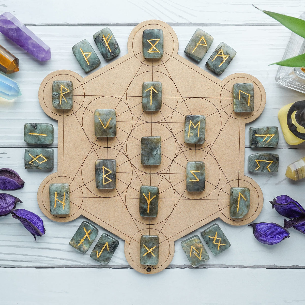 Crocon Labradorite Rectangle Shape Gemstone Rune Stones with Elder Futhark Alphabet Engraved 25 pcs Rune Set Crystal Divination Metaphysical Healing Chakra Reiki Runes Set with a Pouch Size: 21-26mm