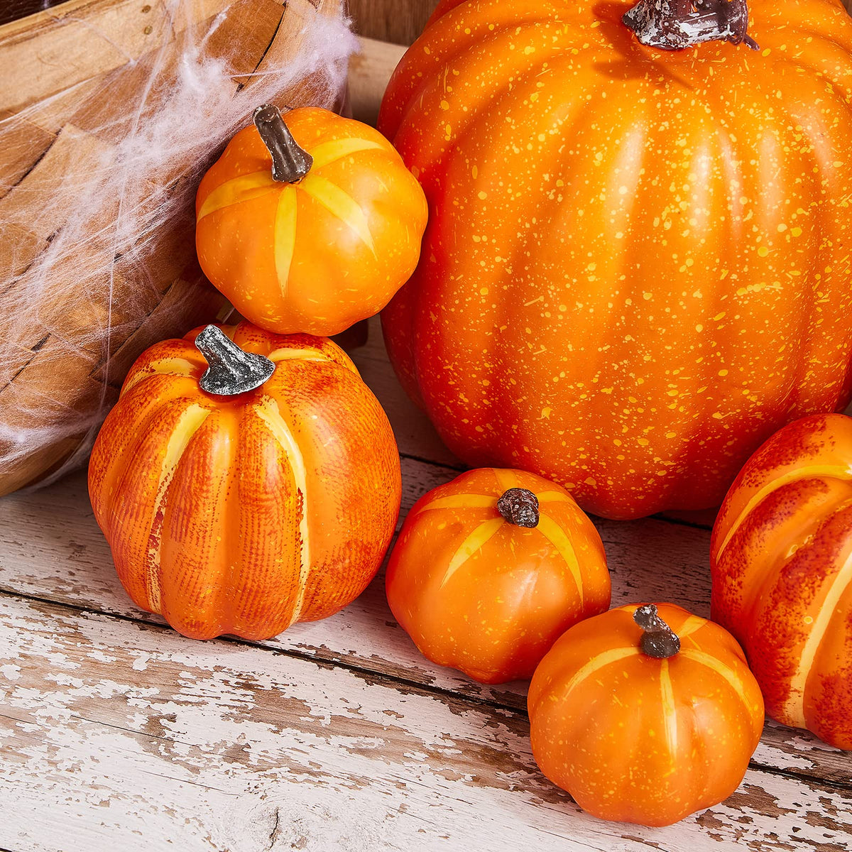 7Pcs Artificial Pumpkins of all Styles Halloween Decoration Rural Style Farmhouse Foam Pumpkin Harvest Season Thanksgiving Day is Suitable for Table top House Dining Table Party Decoration (Orange)
