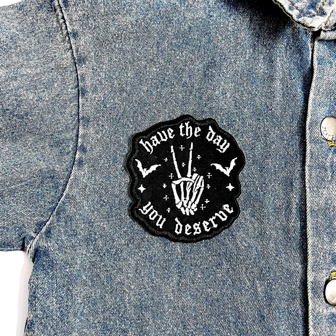 (3Pcs) Have The Day You Deserve Iron-On Embroidered Patch, Black and White Skeleton Design, Set for Jackets, Backpacks, Hats, Vests – 3 Inch