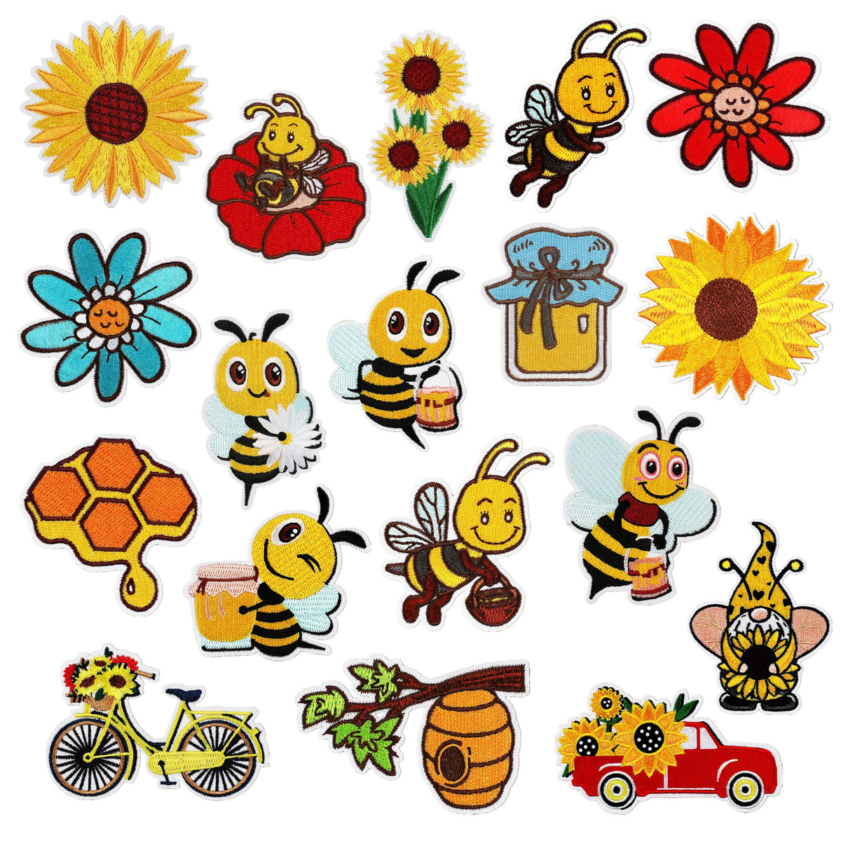 Woohome 18 PCS Patch Embroidered, Honeybee Iron on Applique Sew On Patches Sunflower Embroidered Appliques Sticker Patches for DIY Clothing Jeans Jackets Bags Iron-on Repair Kit