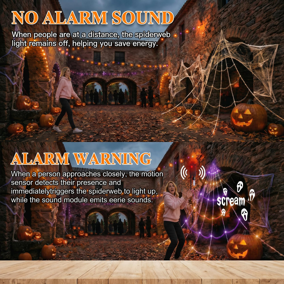 [Motion Activated Lighting&Speaking] 20 * 17FT Halloween Spider Web 150 Led Purple&Orange Lights Light Up Lighted Triangular Giant Waterproof with 200sqft Cobweb for Outdoor Decor Yard Decoration