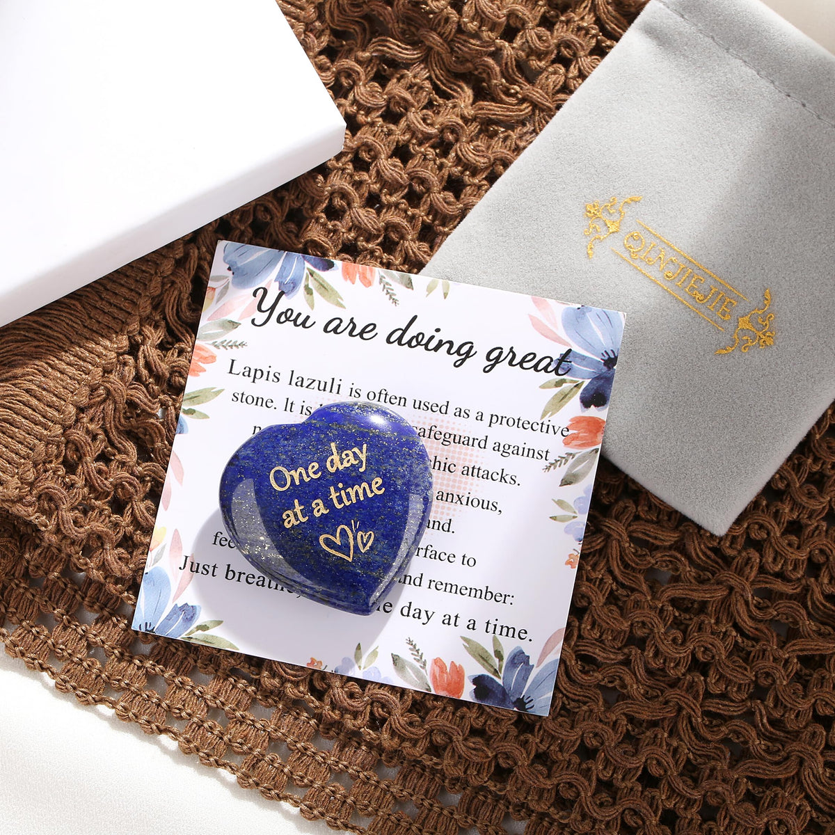 QINJIEJIE One Day at A Time Lapis Lazuli Heart Stones Crystals Thumb Worry Stone Thinking of You Gifts for Anxiety Relief Items You Got This Inspirational for Friend Sobriety Gifts for Men