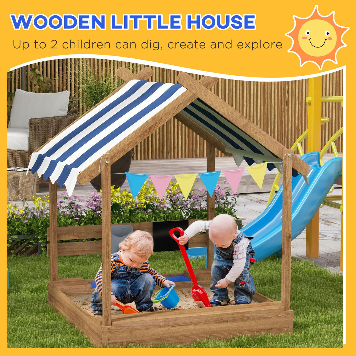 Gecheer Wooden Sandbox with Canopy House Design for Kids Ages 3-7 – Weather-Resistant Fir Wood Play Set with Sink, Basins, Bucket & Blackboard