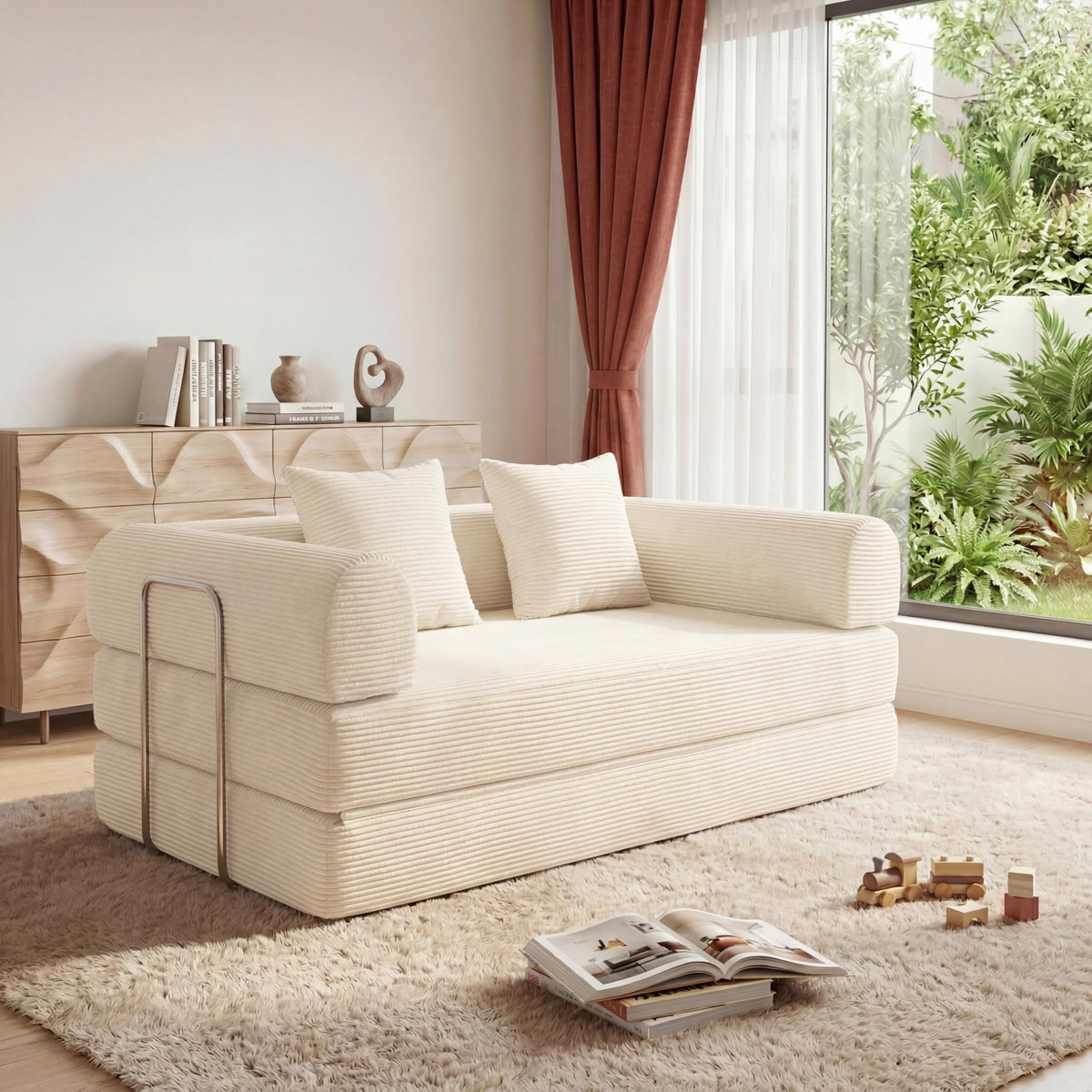 HouseMila 53.15" Boneless Couch,4-in-1 Futon Sofa Bed Modular Loveseat Sleeper Folding Compressed Couch with Pillows,No Assembly Required Convertible Sofa Bed for Living Room Bedroom Guest Room,Beige