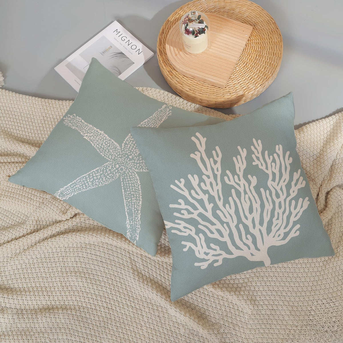 GOLIANDA Coastal Pillow Covers 18x18 Inch Set of 2 Blue Coral Starfish Throw Pillows Nautical Ocean Decorations Summer Linen Beach Pillowcase Outdoor Decor Farmhouse Cushion Case for Home Living Room