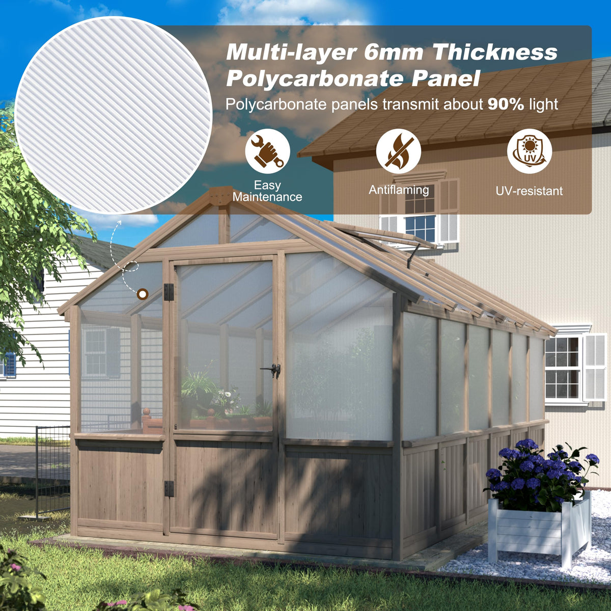 Yardenaler 8x12 FT Greenhouse Kit with 6MM Thick Polycarbonate Panel for Outdoor, Wooden Walk-in Green House with Adjustable Roof Vent and Lockable Door, Backyard, Garden, Light Mocha Brown