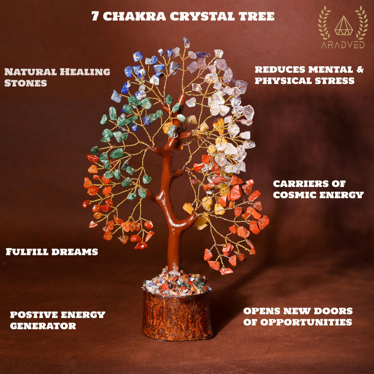 ARADVED 7 Chakra Crystal Tree 300 Beads & Healing Bracelet Set - Tree of Life Feng Shui Decor for Positive Energy - Gemstone Money Tree with Matching Chakra Bracelet for Meditation & Spiritual Gifts
