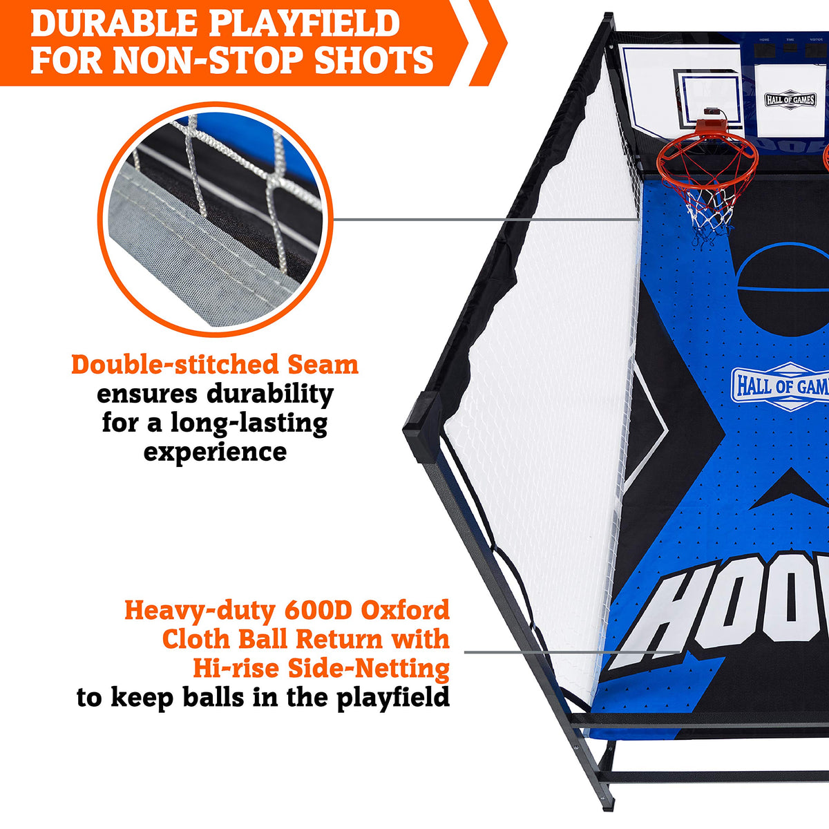 Hall of Games Premium Arcade Cage Basketball Game with Steel Frame and Polycarbonate Backboard, Dual Shot LED Scoring with 6 Size 8.5 Inch Basketballs