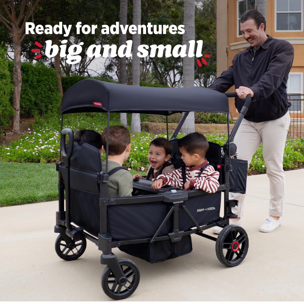Radio Flyer Voya 2.0 4-Seat Stroller Wagon, for Kids 6+ Months, Lightweight, Compact, Foldable, UV Canopy, Included Storage, Never Fall Pull Handle, Seats Convert to Flatbed, Stroller Wagon for Kids