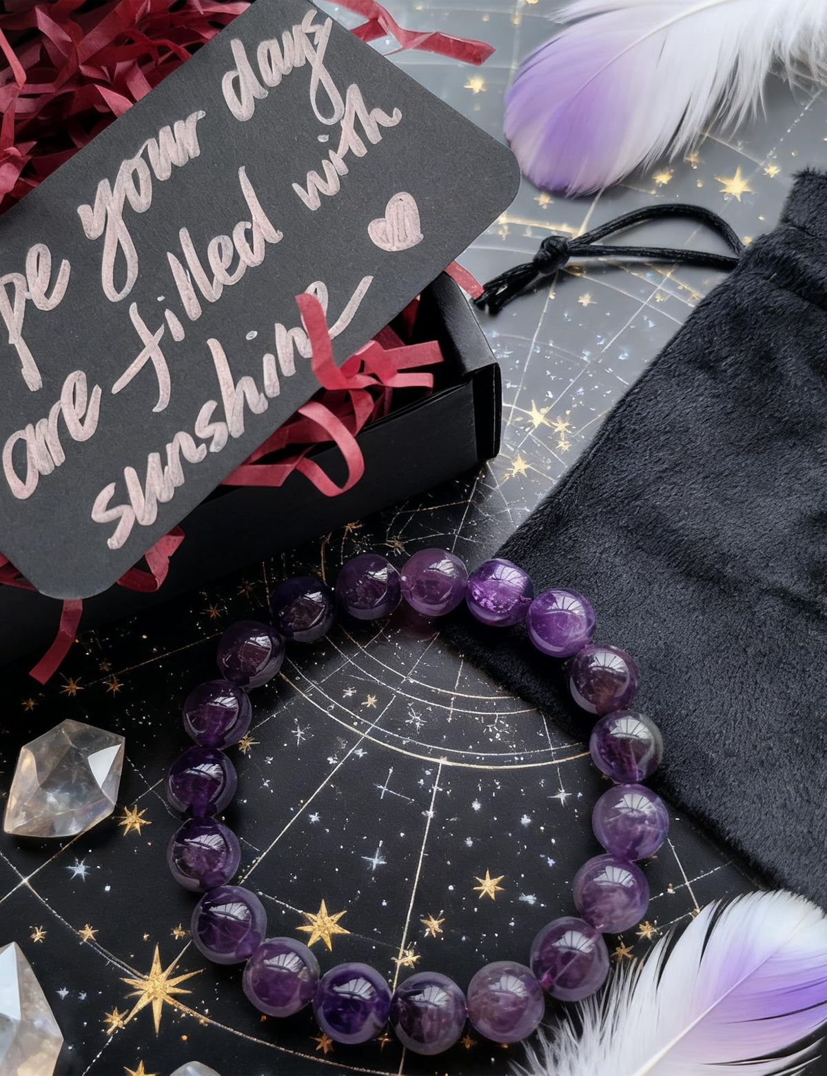Silan's Natural Amethyst Bracelet for Women, Genuine Healing Crystal Stretch Elastic Adjustable Bracelet with Lucky Card, Gift for Her (8mm)