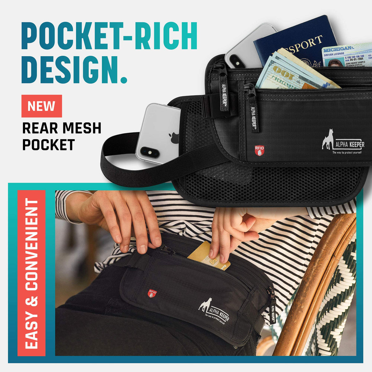 Alpha Keeper Money Belt for Travel Hidden RFID Blocking Passport Holder