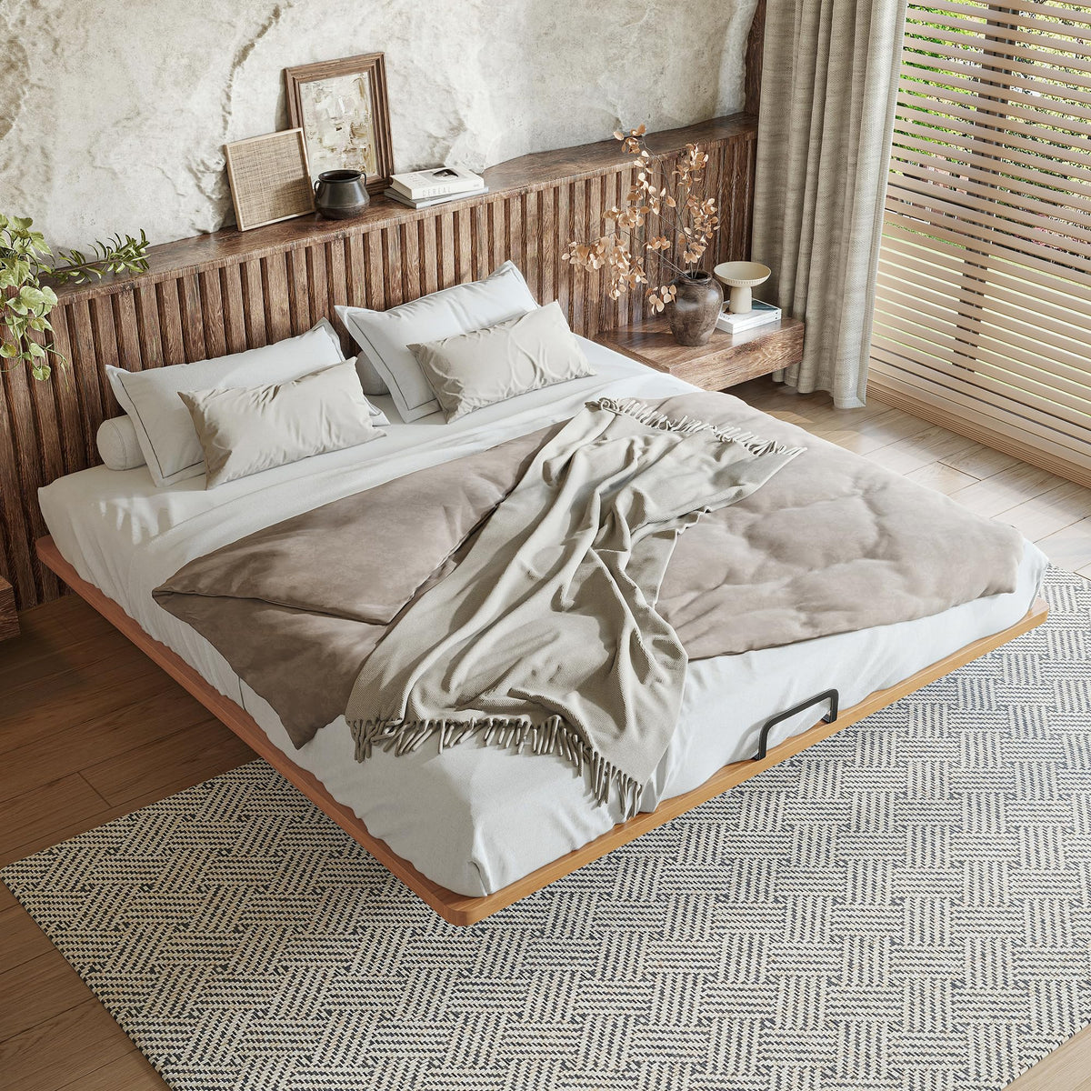 KEIKI King Size Bamboo Platform Bed, Mid-Century Modern Style Floating Bed Frame with Wooden Solid Support Slats, No Box Spring Needed, Easy Assembly, Noise Free, for Bedroom, Guest Rooms, Natural